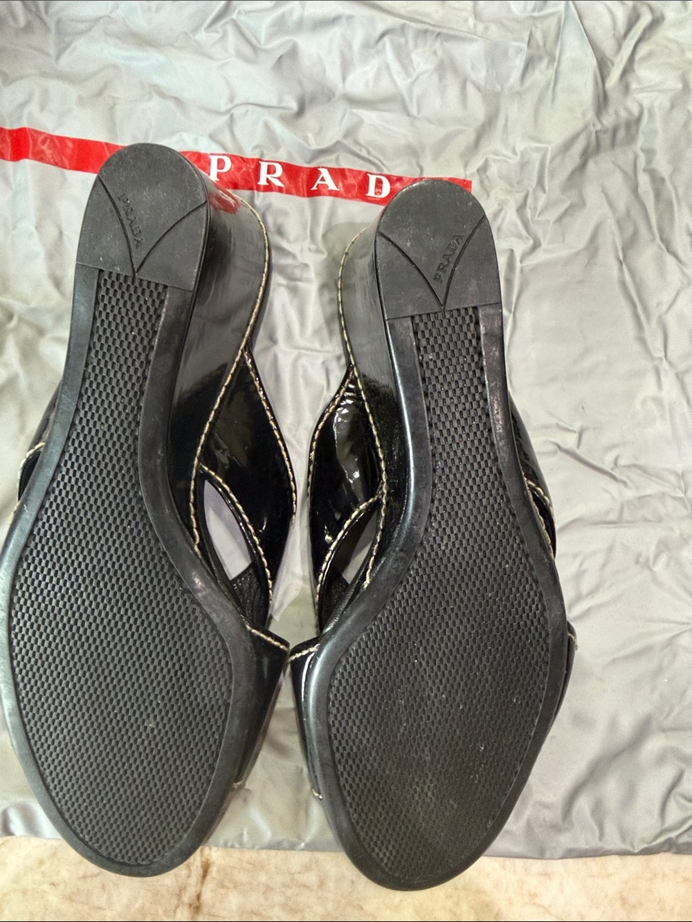 Prada Black Patent Leather Slide Sandals with Red Logo